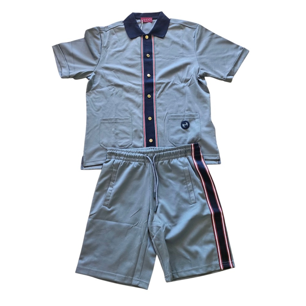 Gucci Gray and Navy Polo Shirt and Shorts Set Size Large